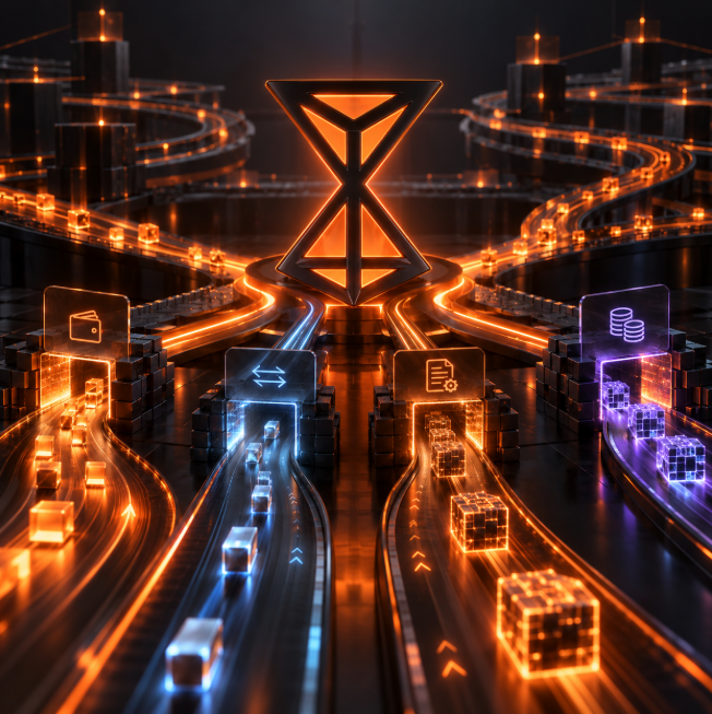 A futuristic, neon-lit digital artwork depicting a glowing orange hourglass structure surrounded by highways carrying glowing cube-shaped cargo vehicles.