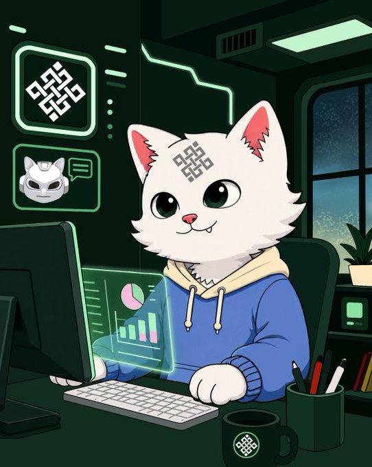 An adorable white cat wearing a blue hoodie works at a computer in a neon-lit tech setting, displaying charts and QR codes on screen, while holding a mug featuring the Ritual network's distinctive knotwork logo. The image humorously personifies the cat as the developer behind the newly launched Ritual Siggy Prediction Market, blending crypto culture with a cute mascot aesthetic to celebrate the project's debut on the Ritual public testnet.