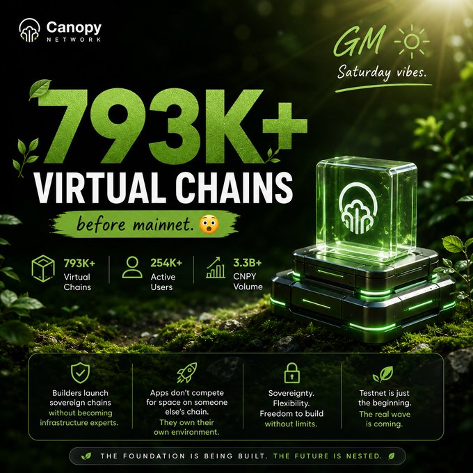 A promotional graphic for Canopy Network highlighting '793K+ VIRTUAL CHAINS before mainnet' with stats showing 793K+ Virtual Chains, 254K+ Active Users, and 3.3B+ CNPY Volume, branded with 'GM Saturday vibes.'