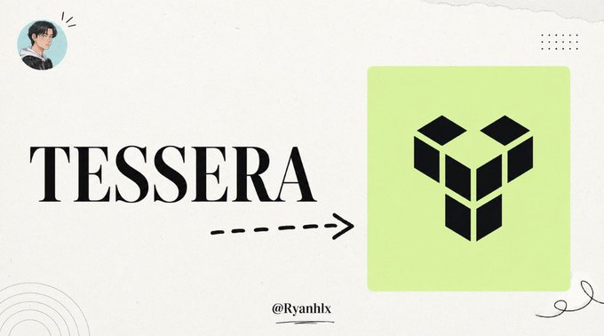 A graphic design slide displays the word "TESSERA" with a dashed arrow pointing to a geometric, cube-like logo on a green background, credited to "@Ryanhlx".