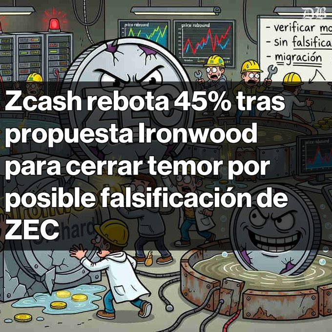 The image features a cartoon depiction of people working with coins at an ironwood factory. The factory workers are using tools like hammers and drills to create coins out of ironwood. One worker, wearing a hard hat, is holding up a coin that has been made from ironwood. Another worker can be seen in the background, also working on an ironwood coin.

The post about ZEC suggests that there might have been some issues with fake or manipulated currency circulating within the factory. The workers are now trying to figure out how to identify and fix these fake coins.