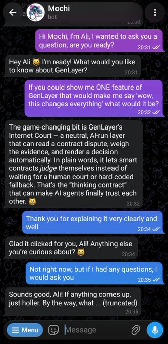 Telegram chat conversation with a bot named 'Mochi' where a user named Ali asks questions and receives explanations about GenLayer's Internet Court feature.