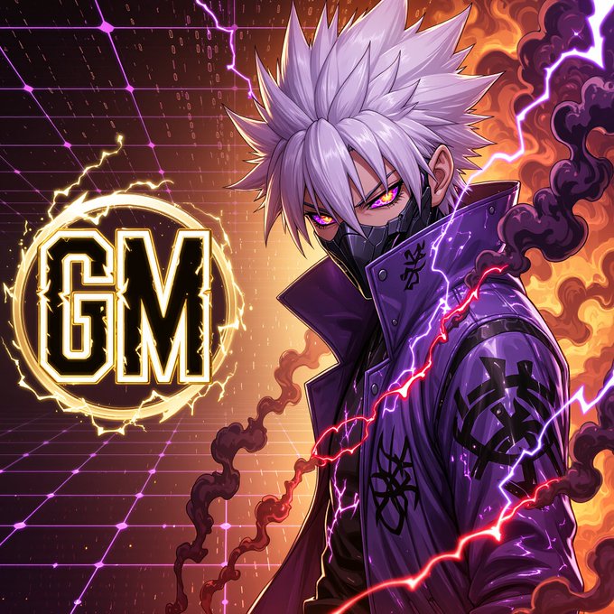 Anime-style artwork of a white-haired character with purple eyes wearing a purple jacket, set against a background of purple lightning and flames, with 'GM' displayed prominently.