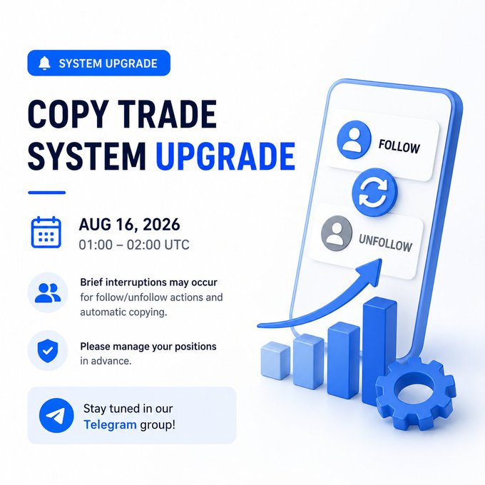 An announcement graphic titled 'COPY TRADE SYSTEM UPGRADE' scheduled for 'AUG 16, 2026', noting brief interruptions and advising users to manage positions in advance and join their Telegram group.
