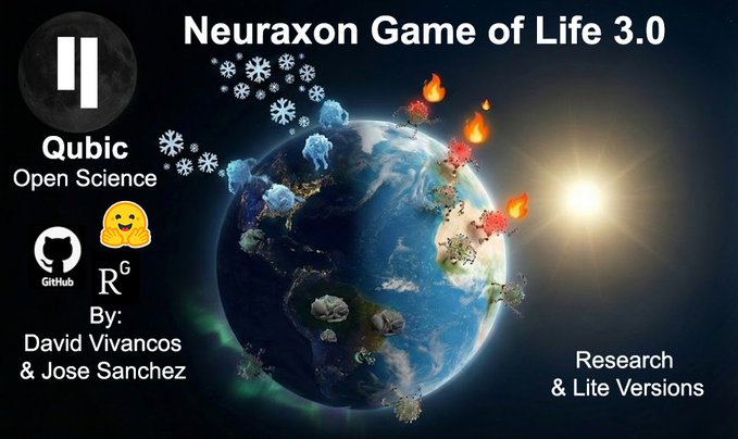 The image features a poster with a cartoon depiction of Earth and a globe, accompanied by text that reads "Neuroaxon Game of Life 3.0". The poster also includes a link to an open science blog where the game's creator has posted about their research on digital brains.