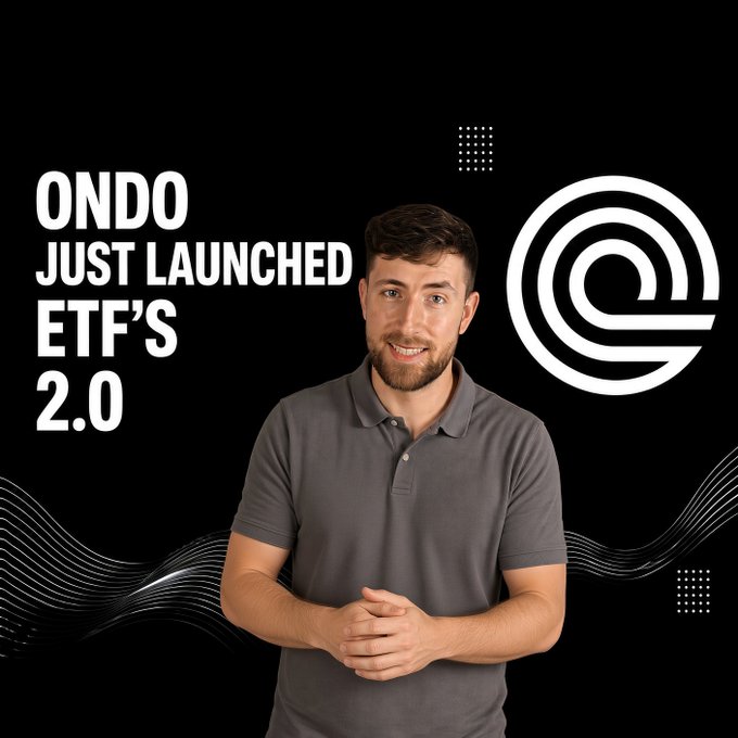 A promotional graphic featuring a smiling man in a gray polo shirt with text reading 'ONDO JUST LAUNCHED ETF'S 2.0' alongside a white logo.