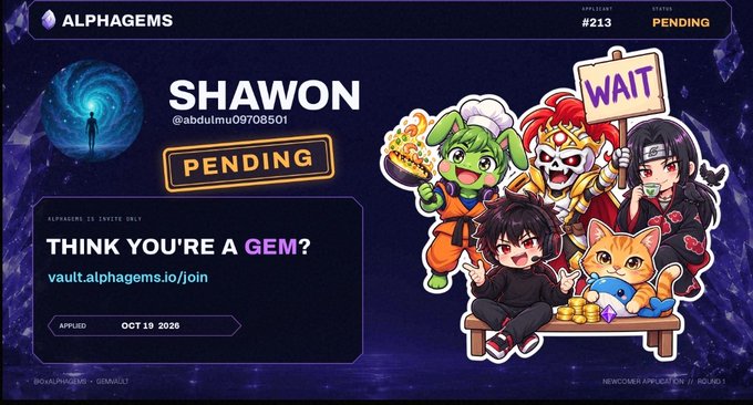 AlphaGems webpage showing an application for 'SHAWON' (@abdulmu09708501) with PENDING status, featuring anime-style characters.