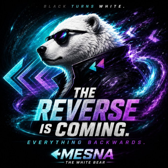 A digital poster features a white bear wearing sunglasses against a cosmic purple and blue background with the text 'BLACK TURNS WHITE. THE REVERSE IS COMING. EVERYTHING BACKWARDS. MESNA THE WHITE BEAR'.