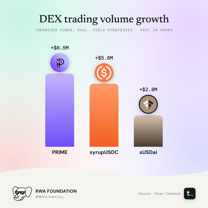 Bar chart showing DEX trading volume growth over the past 24 hours for tokenized funds (excluding yield strategies), with PRIME leading at +$6.5M, followed by syrupUSDC at +$5.6M and sUSDai at +$2.8M, sourced from Token Terminal by RWA Foundation.