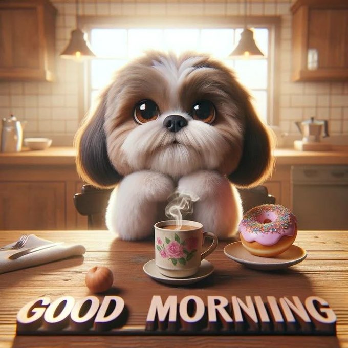 AI-generated illustration of an adorable fluffy Shih Tzu puppy with large eyes sitting at a wooden kitchen table with a floral teacup and a pink-frosted donut, with 'GOOD MORNING' text at the bottom.