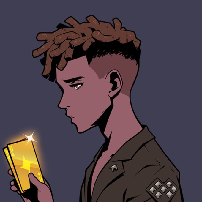 Illustrated character of a young person with dreadlocks examining a glowing yellow card with a star design on it.