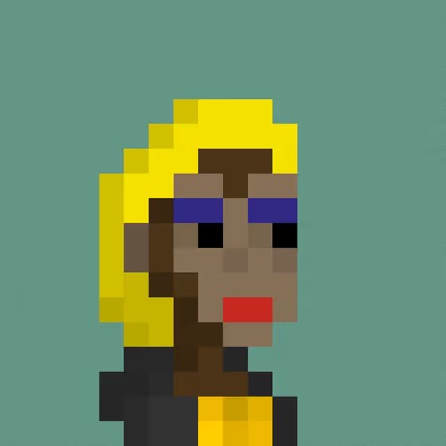 A pixel-art character with yellow hair and purple eyes, wearing dark clothing, against a teal background.