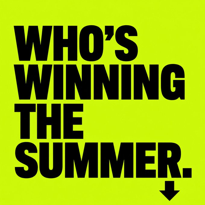 Bold black text on a bright lime green background reading 'WHO'S WINNING THE SUMMER.' with a black downward-pointing arrow beneath it.