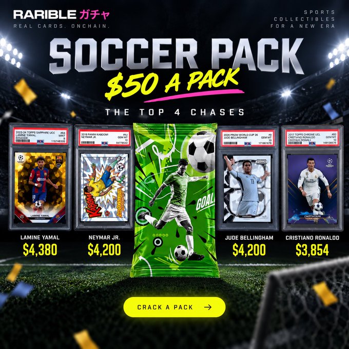 Promotional graphic for Rarible's "$50 Soccer Pack" featuring five graded cards: a 2023-24 Lamine Yamal Topps Sapphire UCC (GEM MT 10, $4,380), 2018 Panini Kaboom Neymar Jr (GEM MT 10, $4,200), a central green pack with a player kicking a ball, 2024 Prizm World Cup Jude Bellingham GEM MT 10 ($4,200), and a 2017 Topps Chrome UCL Cristiano Ronaldo GEM MT 10 ($3,854), with a "CRACK A PACK" button at the bottom, promoting a live pack opening stream on Rarible UNSEALED.