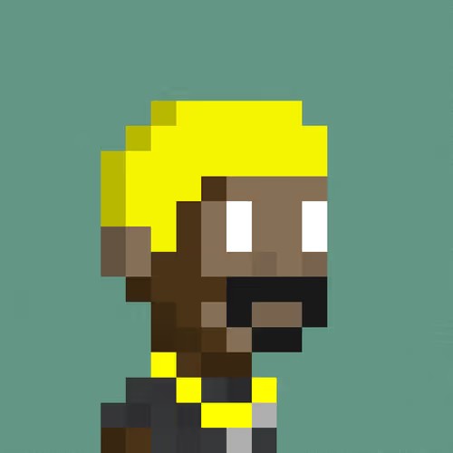 A pixel art portrait of a character with yellow hair and a beard against a teal background.
