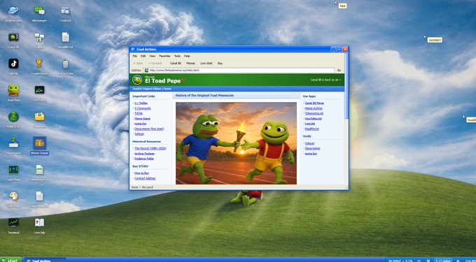 A Windows XP desktop screenshot with the iconic green hill and blue sky wallpaper, showing a 'Toad Archives' browser window featuring two Pepe the Frog characters in athletic wear.