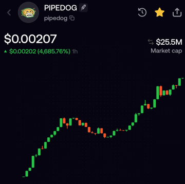 A cryptocurrency price chart for PIPEDOG showing a price of $0.000207 with a market cap of $25.5M and a 1-hour gain of 4,685.76%, illustrating the rapid ascent of the recently relaunched token as mentioned in the post.