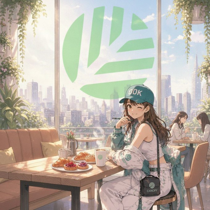An anime-style illustration of a smiling young woman wearing an 'OOK' cap sitting at a cafe table with pastries, with a large green globe logo and 'CANOPY' branding in the background.