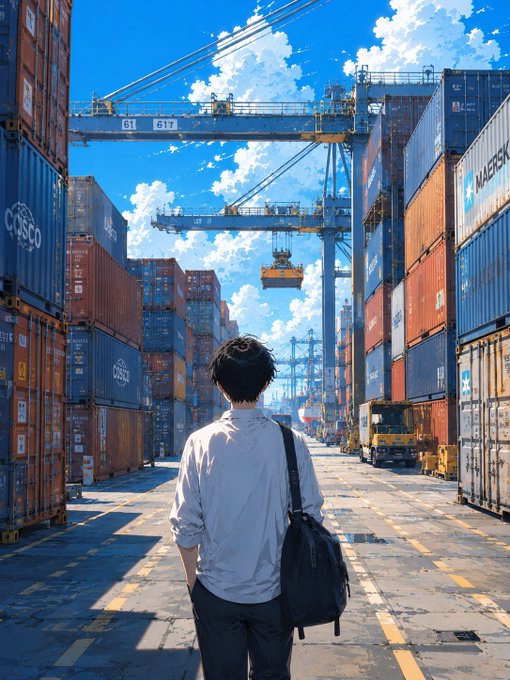 An anime-style illustration of a young man with dark hair wearing a white shirt and carrying a black bag, standing in a shipping container port with cranes and stacked containers under a blue cloudy sky.