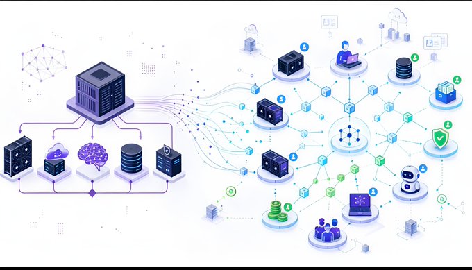 An isometric digital illustration depicting a cloud computing network, showing interconnected servers, databases, AI icons, and a user working on a laptop across a distributed system.