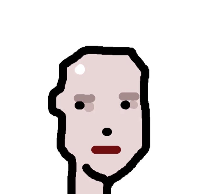 A simple cartoon drawing of a bald man's face with a neutral/sad expression on a white background.