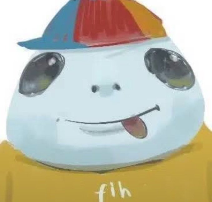 A low-resolution meme image of a smiling cartoon frog-like character wearing a colorful cap and yellow shirt with partially legible text 'fih' at the bottom.