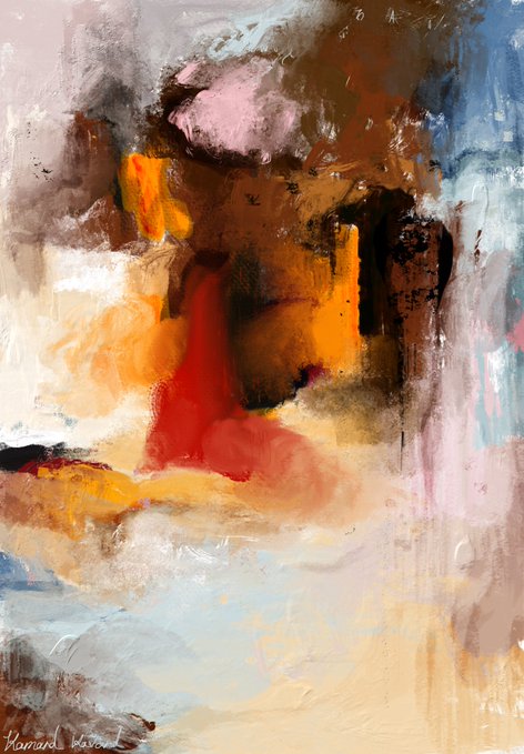 An abstract oil painting composed of expressive brushstrokes in warm tones of red, orange, brown, and soft pinks.