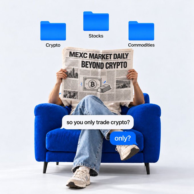 A promotional image for MEXC featuring a person reading a 'MEXC Market Daily Beyond Crypto' newspaper with Crypto, Stocks, and Commodities folders above, and chat bubbles asking 'so you only trade crypto?' 'only?'.