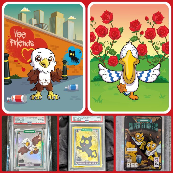 A collage of VeeFriends trading cards and stickers, featuring illustrations of an eagle character and a black cat, alongside graded PSA cards labeled "EAGER EAGLE" and "YELLOW PERFECTOR."