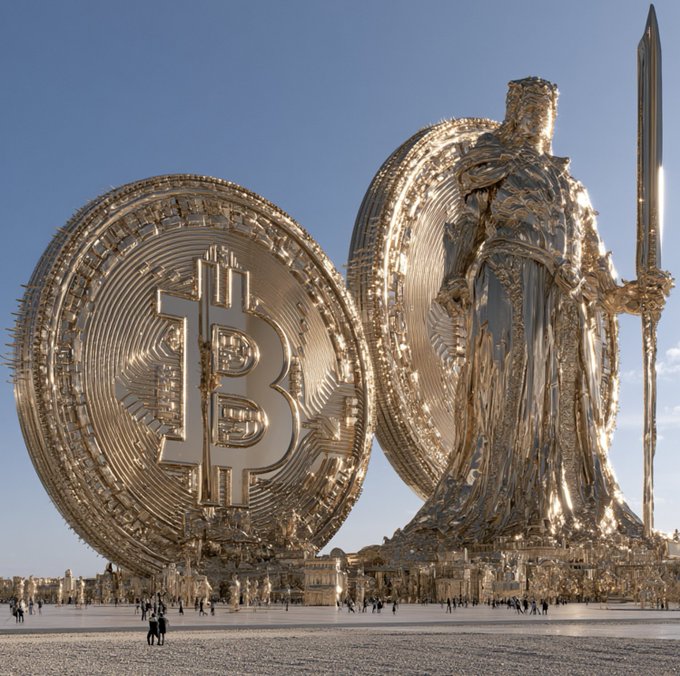 A giant golden Bitcoin coin stands next to an armored knight holding a sword, with the Bitcoin "₿" symbol prominently displayed on the coin's face. The image visually represents a long-time Bitcoin hodler from 10 years ago, suggesting the extraordinary value and stature one would have after holding onto Bitcoin through the years.