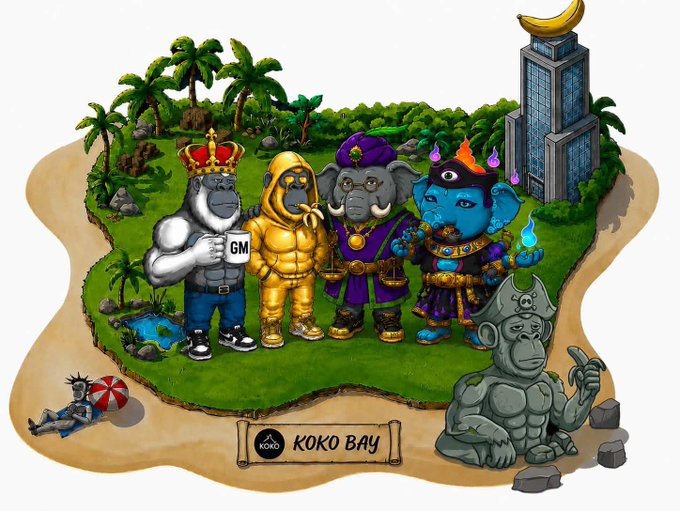 Illustration of KOKO KOKO BAY island featuring cartoon gorilla and elephant characters with a Statue of Liberty-style monument.