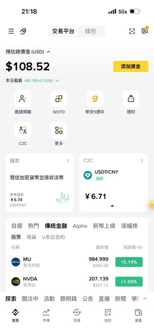 A screenshot of a crypto trading platform shows an estimated USD portfolio value of $108.52, with today's gain of +$4.38 (+0.55%), alongside live USDT/CNY exchange data at ¥6.71. This matches the post highlighting starting with 100 USD and earning roughly 4 USD in profit the very next day.