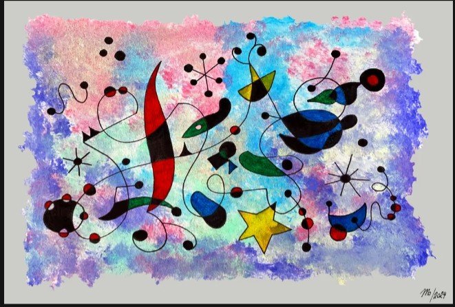 An abstract expressionist painting featuring colorful biomorphic shapes, stars, swirls, and dots scattered across a vibrant watercolor background of blue, purple, and pink hues.