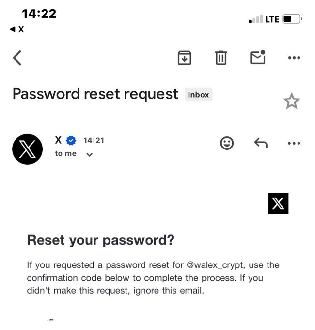 An email screenshot on a mobile device displaying a 'Password reset request' from 'X' to the user 'to me', with a prompt to 'Reset your password?' for the account '@walex_crypt'.