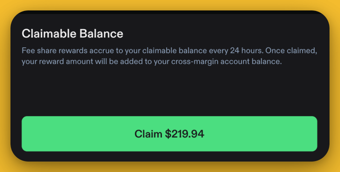 A screenshot of a "Claimable Balance" interface displaying a green "Claim $219.94" button, accompanying a post about receiving $219 USDC in fee share rewards from Phoenix Trade after trading 7 days.