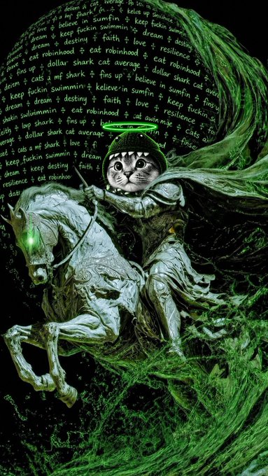 A dark fantasy digital artwork of a cat wearing a helmet and halo riding a horse with glowing green eyes, surrounded by green swirling energy and floating text like 'cat robinhood', 'shark cat', and 'keep fuckin swimmin'.