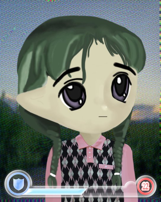 A screenshot from a 3D anime-style game featuring a green-haired Mii-like character, with an age badge showing '22' in the corner.