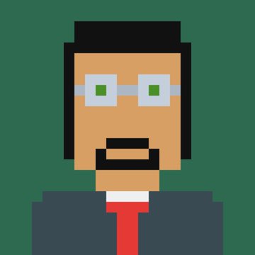 A pixel art portrait of a man with black hair, square glasses, a mustache and goatee, wearing a dark suit with a red tie against a green background.