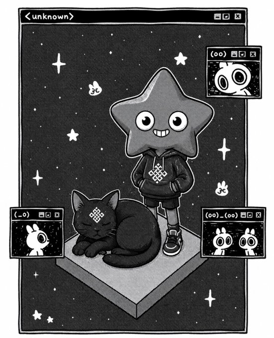 A black and white illustration in a computer window interface featuring a cartoon star character wearing a hoodie, accompanied by a black cat and small ghost-like creatures, with various emoticon-styled window popups.