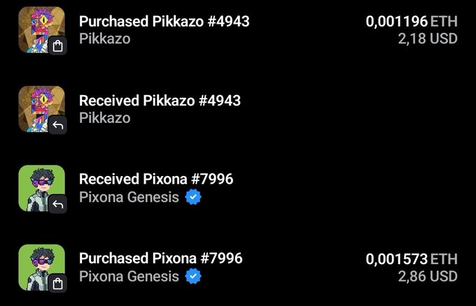 A transaction history list shows purchases and receipts of Pikkazo #4943 and Pixona Genesis #7996, including ETH prices and USD equivalents.