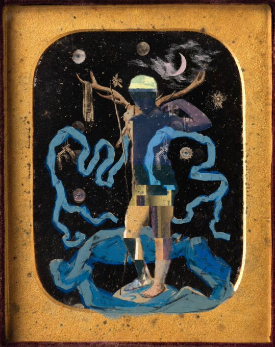 A surreal painting depicting a humanoid figure with antler-like protrusions surrounded by cosmic elements including moons, stars, and blue ribbon-like wisps against a starry background.