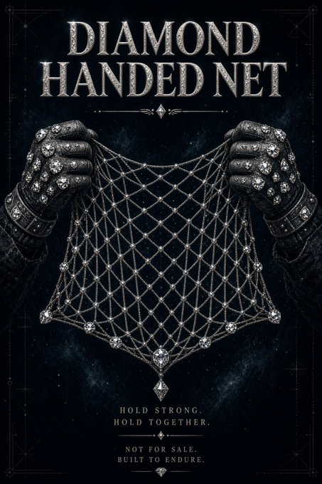 A dark fantasy-style poster titled 'DIAMOND HANDED NET' showing ornate gloved hands holding a jeweled net, with text 'HOLD STRONG. HOLD TOGETHER. NOT FOR SALE. BUILT TO ENDURE.'