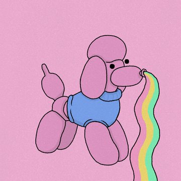 Simple cartoon drawing of a pink, balloon-dog-like figure wearing a blue shirt and blowing a wavy yellow-and-green stream from its mouth against a pink background.
