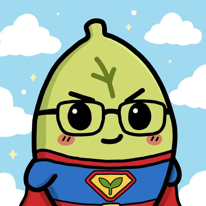 A cartoon illustration of an anthropomorphic green leaf/sprout character with glasses, blushing cheeks, and a red cape standing against a blue cloudy sky.