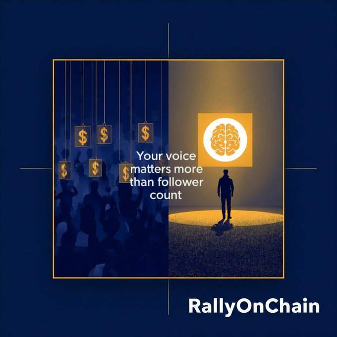 The image features two contrasting scenes set against blue backgrounds. On the left side of the frame, there are several dollar signs hanging from strings, symbolizing a monetary system or economy. In contrast, on the right side, there's an illustration of a person standing in front of a light source, possibly representing a brain or a spotlight. The image also includes text that reads "Your voice matters more than follower count".