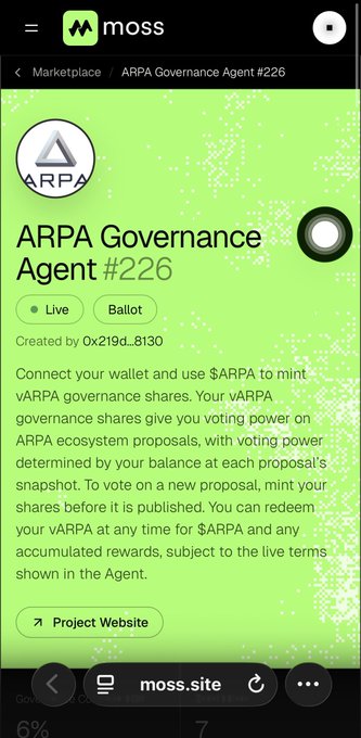 The Moss marketplace page for "ARPA Governance Agent #226," a live ballot proposal allowing users to mint vARPA shares for voting power on ARPA ecosystem proposals using $ARPA.