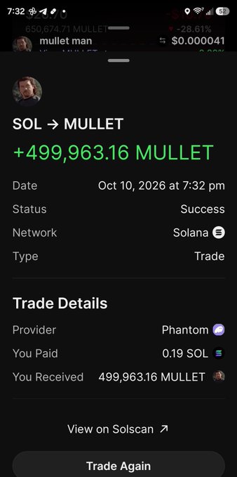 A mobile screenshot of a successful Solana trade showing 'SOL → MULLET' for +499,963.16 MULLET, dated Oct 10, 2026 at 7:32 pm.