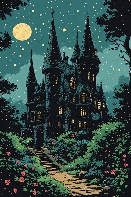 A stylized illustration of a gothic castle with multiple tall spires and lit windows, set against a starry night sky with a full moon, surrounded by a lush garden of red flowers and trees.