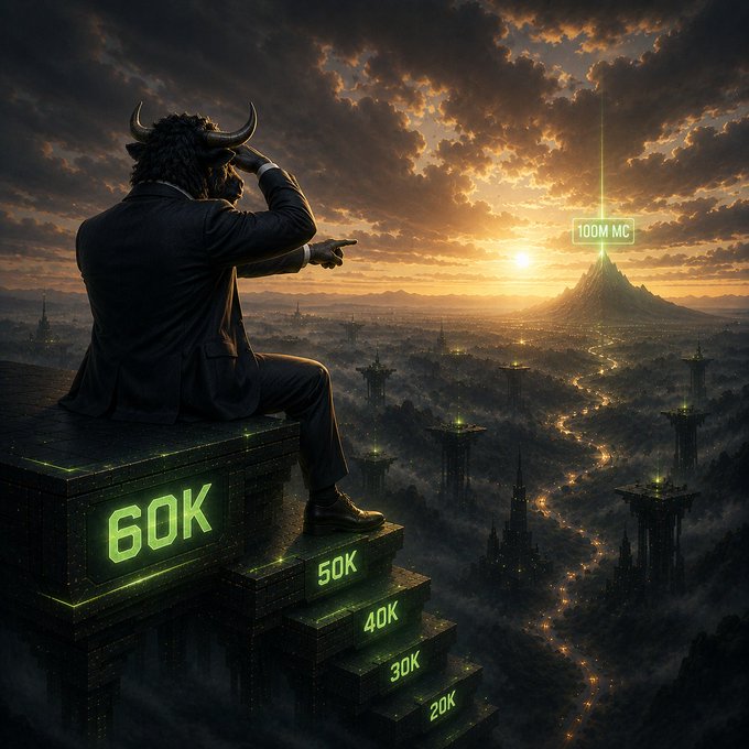 A fantasy digital artwork depicts a horned man in a suit sitting on glowing, stepped platforms labeled '20K' through '60K', pointing toward a distant glowing tower labeled '100M MC' against a dramatic sunset sky.