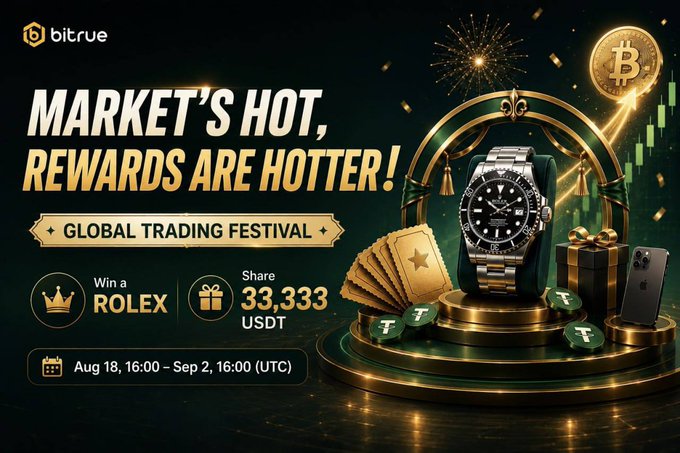 A Bitrue cryptocurrency promotional banner reading "MARKET'S HOT, REWARDS ARE HOTTER!" advertising their "GLOBAL TRADING FESTIVAL" with prizes including a Rolex watch and a 33,333 USDT share pool, running from August 18, 16:00 to September 2, 16:00 (UTC), featuring Bitcoin, gold bars, and an iPhone as rewards.
